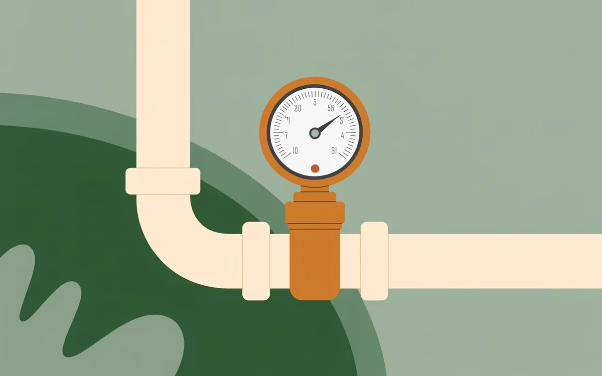 Illustration of a gauge on a radon pipe in a basement.