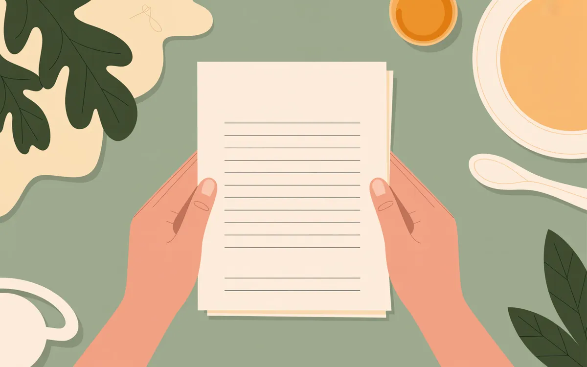Illustration of a person's hands holding a written quote at a kitchen table.