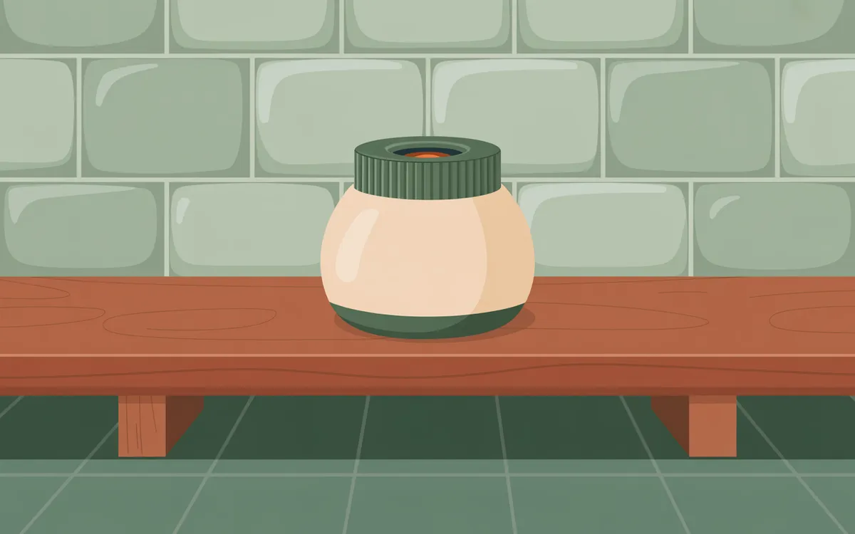 Illustration of a small radon test kit on a basement shelf.