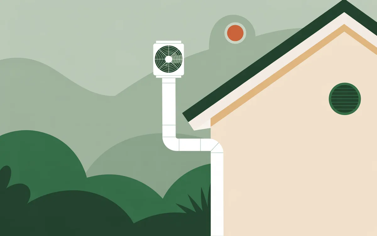 Illustration of a radon pipe and fan on the side of a house.