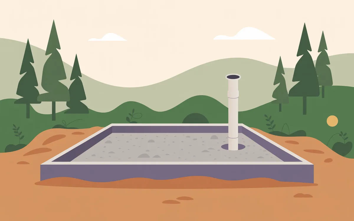Illustration of a new house foundation with a pipe set into it.