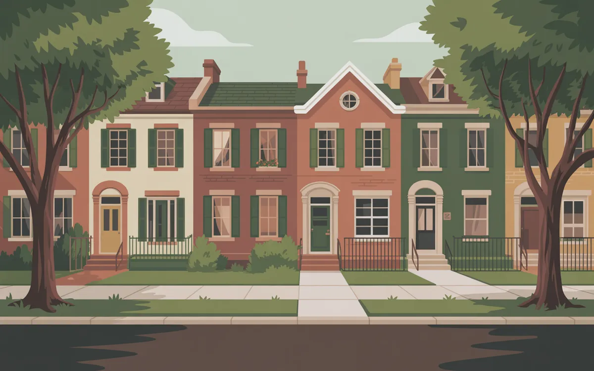 Illustration of a quiet residential street of older brick homes.
