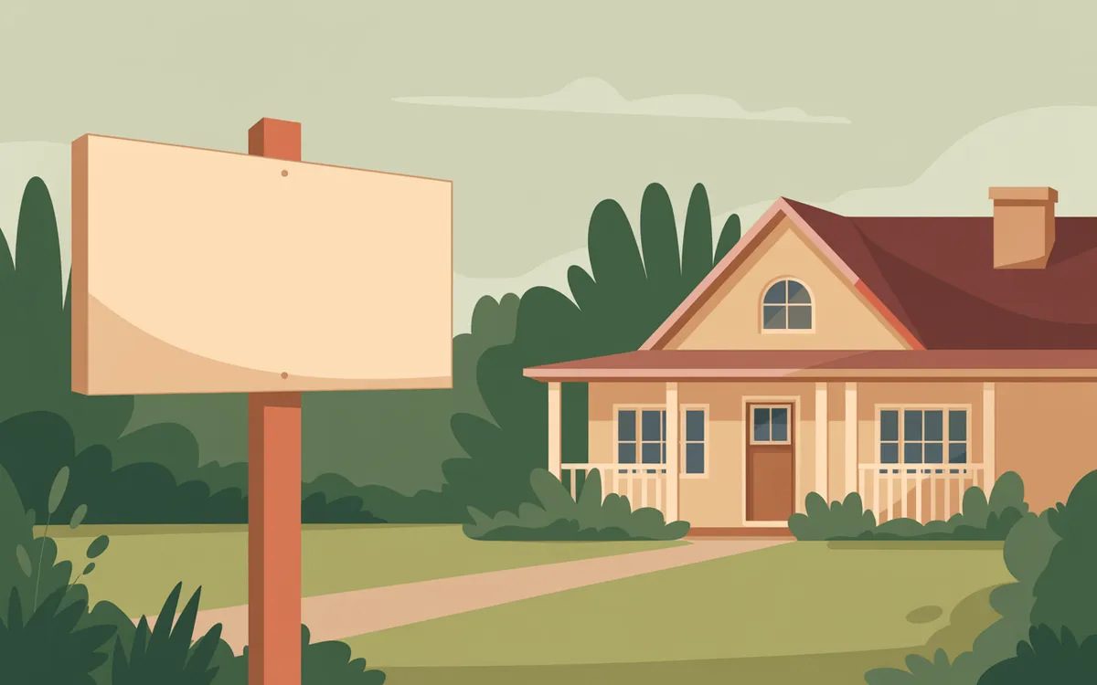 Illustration of a house with a blank sign in the front yard.
