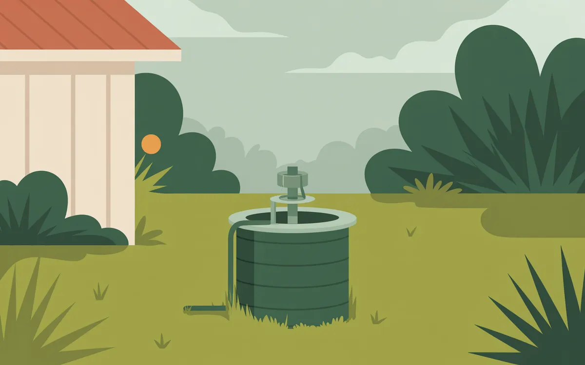 Illustration of a private well head in a back yard.