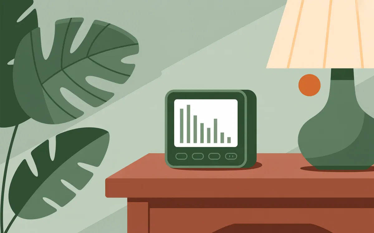 Illustration of a digital radon monitor on a side table.